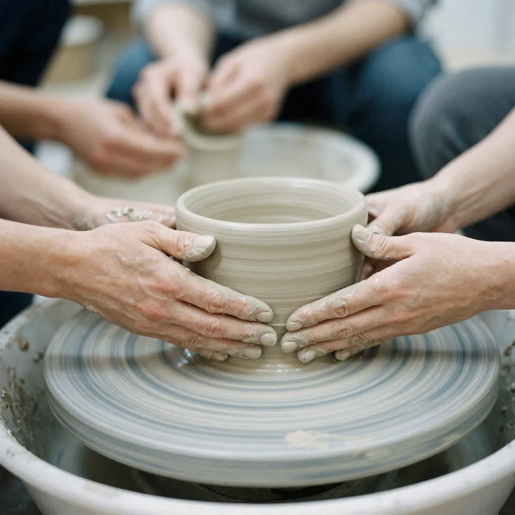 Group of adults learning mindful pottery